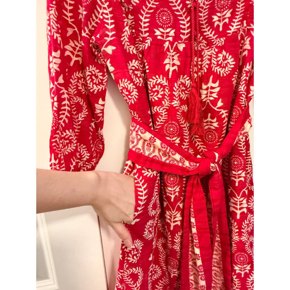 NEW! Nordstrom XS Batik Block Print 100% Cotton Dress Tie Waist Boho Hot Pink - Picture 5 of 11